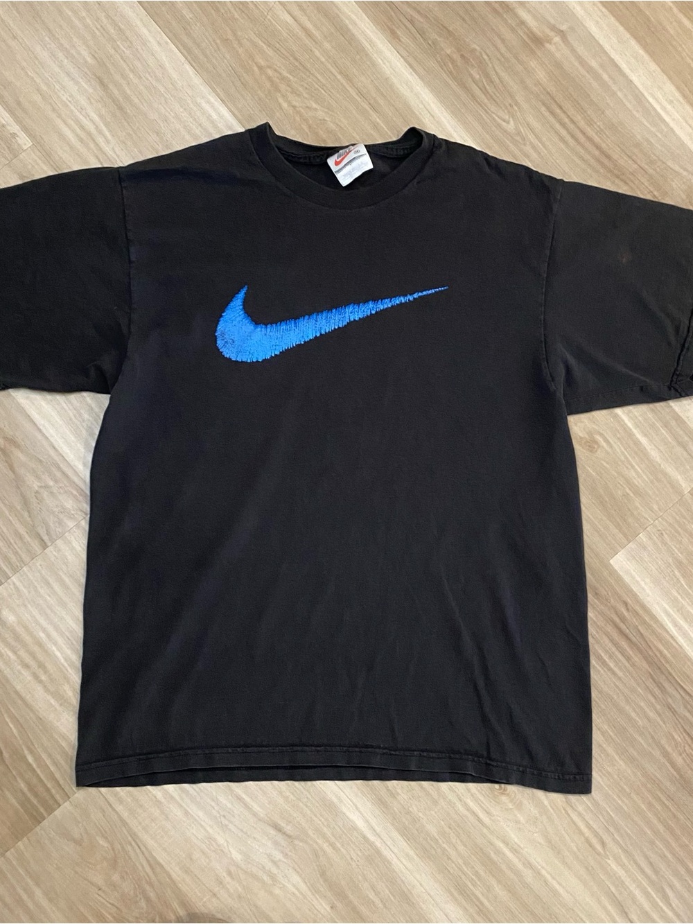 Vintage 90s Nike Shirt Mens Medium Black Blue Big Embroidered Swoosh Made in USA